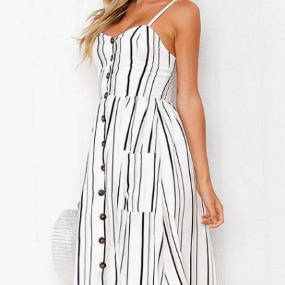 Striped Midi Dress Black White Pink Spaghetti Strap Button Front Women Large
